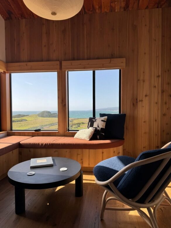 Sea Ranch Lodge A modern, two-story coastal house with vertical redwood siding and a sharp, geometric roofline nestled among large, windswept cypress trees.