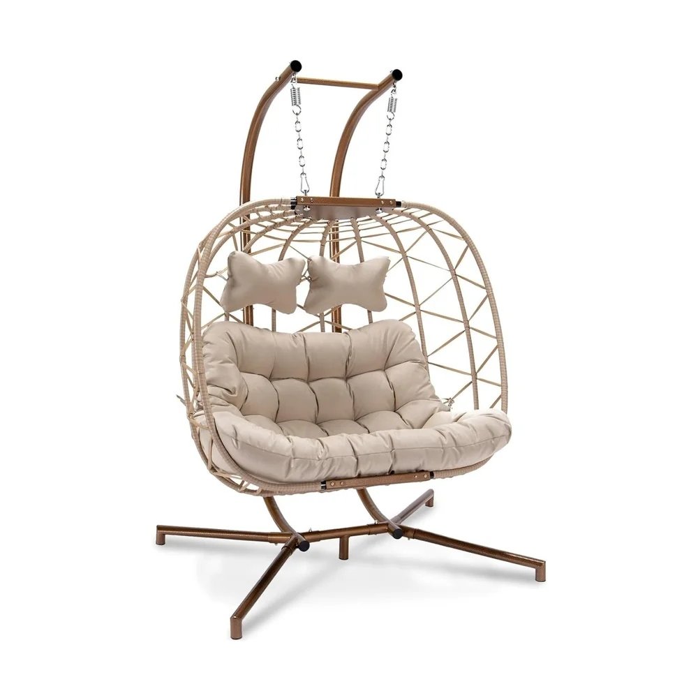 Double Egg Chair with Stand PE Rattan